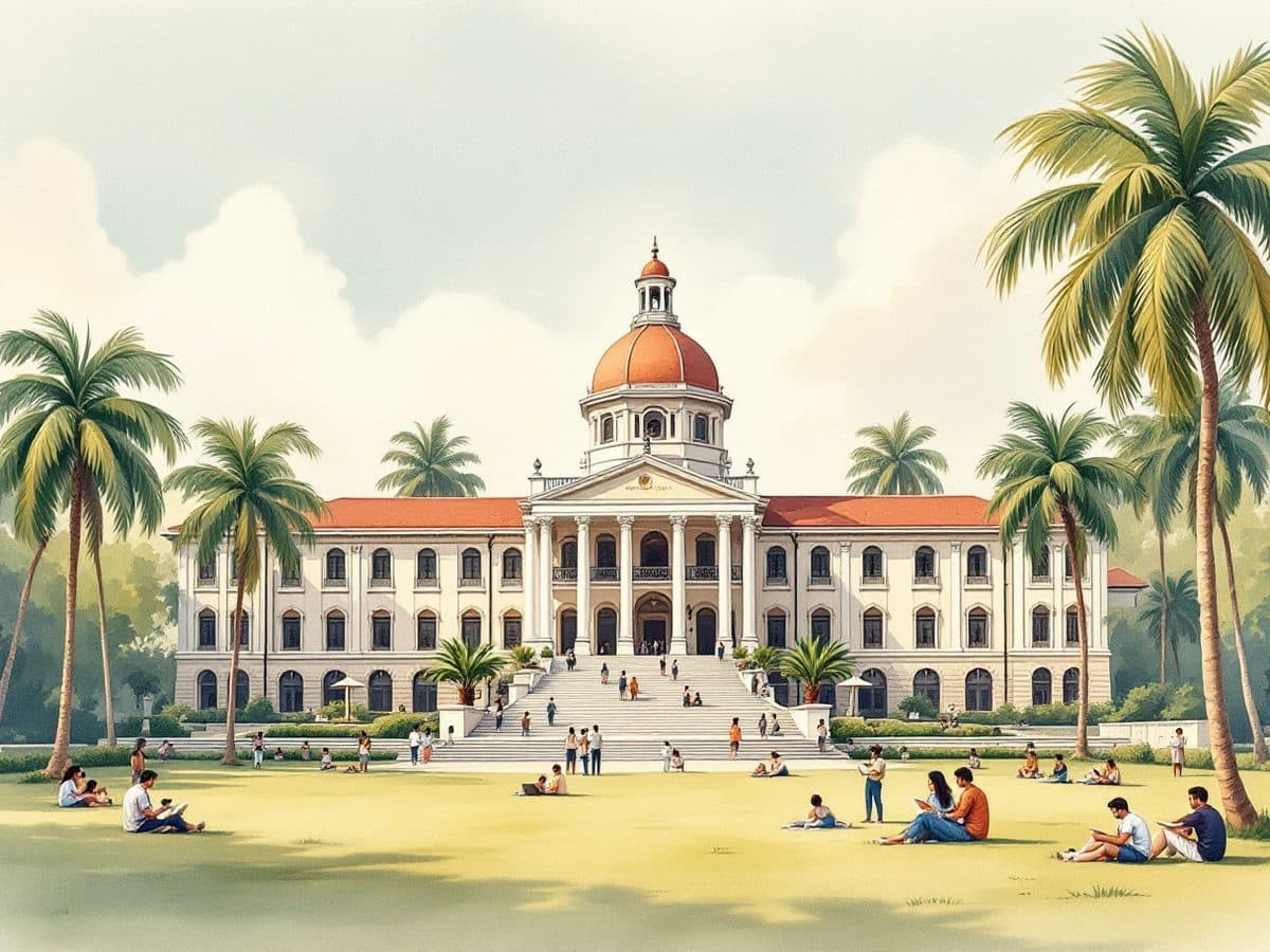 An illustration of students on the lawn before a domed college building.