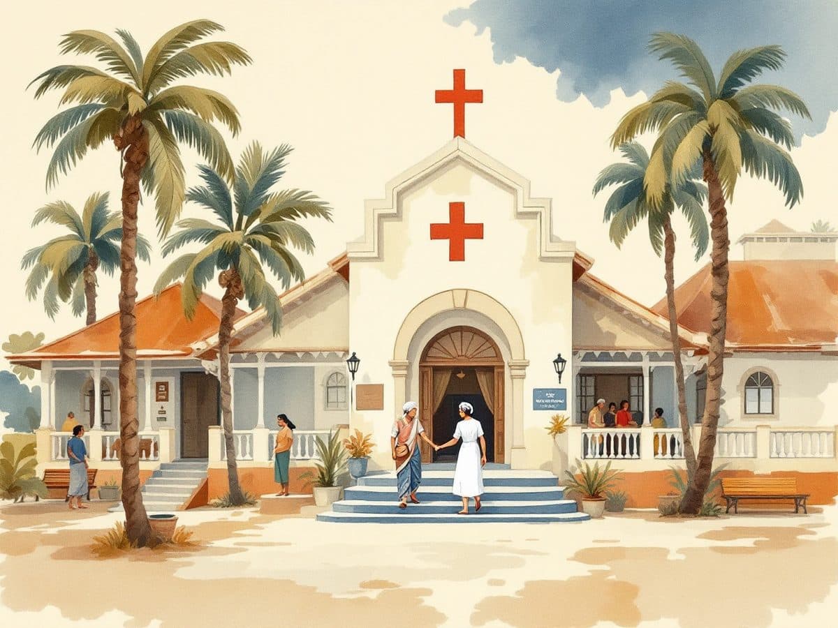 An illustration of a nurse helping an elderly woman into a mission hospital.